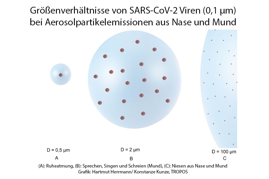 Darstellung der Größenverhältnisse von SARS-CoV-2 Viren (0,1 µm) bei Aerosolpartikelemissionen aus Nase und Mund. (Von links nach rechts: (A): Ruheatmung, (B): Sprechen, Singen und Schreien (Mund), (C): Noch größere Tröpfchen werden beim Niesen aus Nase und Mund ausgestoßen. Schwebende Viren sind in Speichel oder eingetrocknete Lungenflüssigkeit eingebettet, feuchtkaltes Klima und Dunkelheit verlängern ihre Aktivität. Partikel A können in ungelüfteten Räumen länger als einen Tag schweben, Partikel B mehrere Stunden. Die größten Partikel (C und zumeist noch größer) vom Niesen sinken in wenigen Sekunden zu Boden. Anders als Alltagsmasken schützen N95- und FFP2-Masken auch gegen Partikel A.)  Grafik: Hartmut Herrmann / Konstanze Kunze, TROPOS